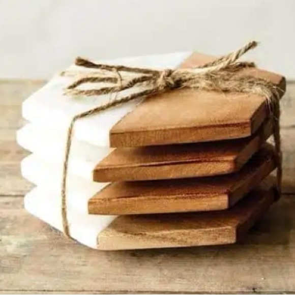 Other - NEW 4 Marble / Mango Wood Half-and-Half Hexagonal Coaster Set – 4.5" x 4.5"